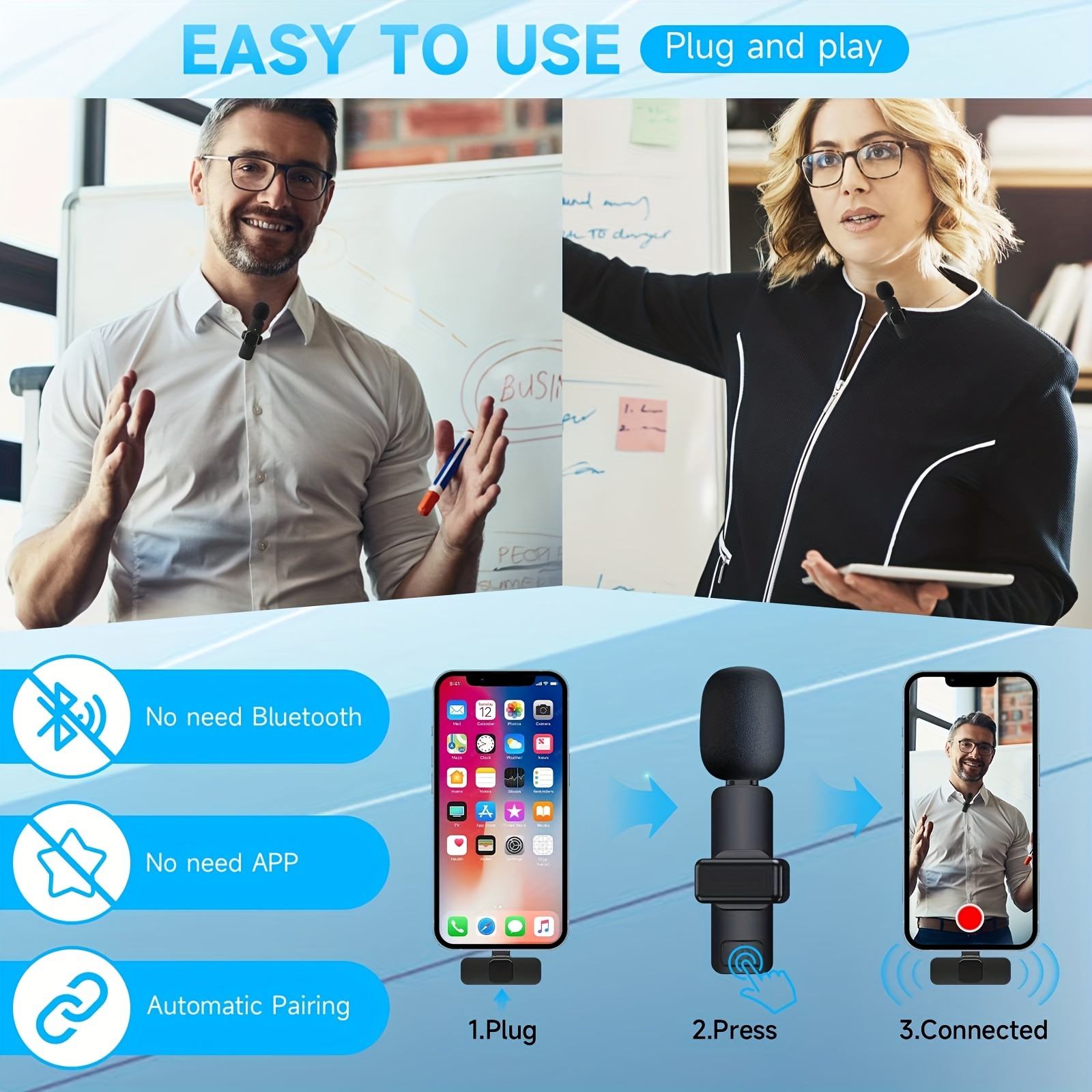 Wireless lavalier lapel microphone for iPhone iPad - professional clip mic - cordless omnidirectional condenser recording mic for interview video podcast vlog YouTube