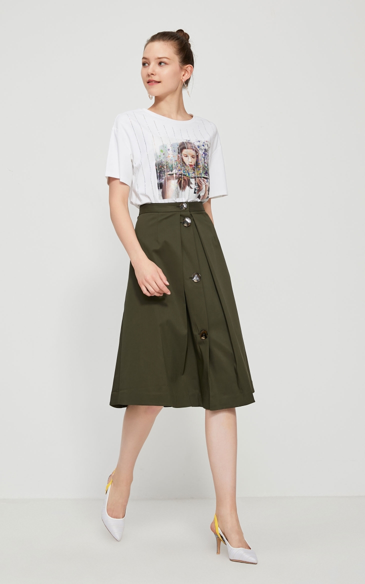 Title 11, Button embellished pleated A-line skirt, a styl...