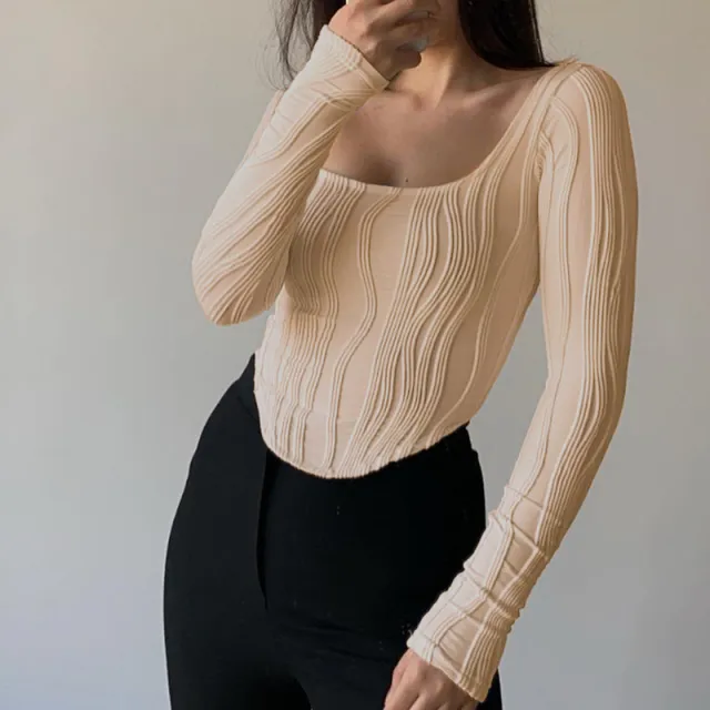 Sexy U Neckline Spice Girl Fishbone Bundle Lumbar Muscle Short Temperament Slim Long Sleeve Top T shirt Woman Apricot - Shop at LoveMi