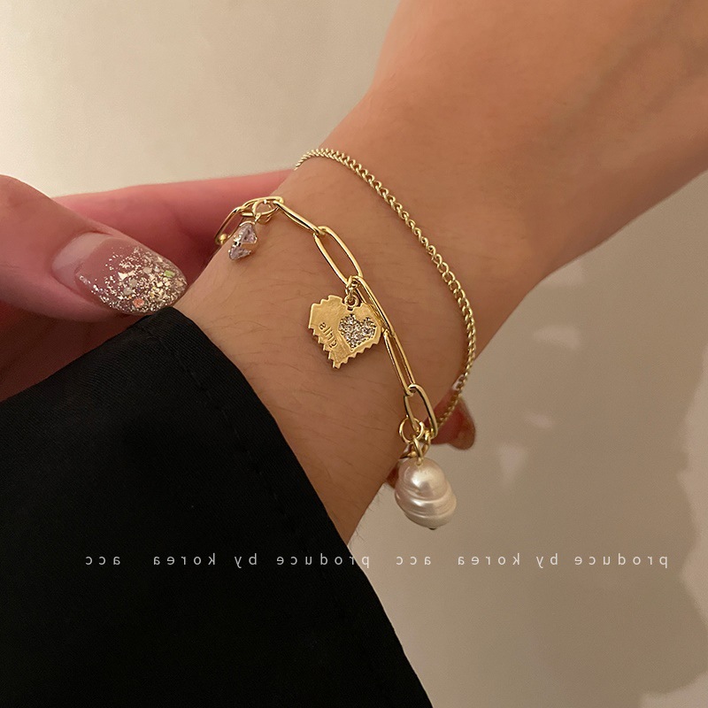 Freshwater Pearl Diamond Love Double Layer Bracelet Women