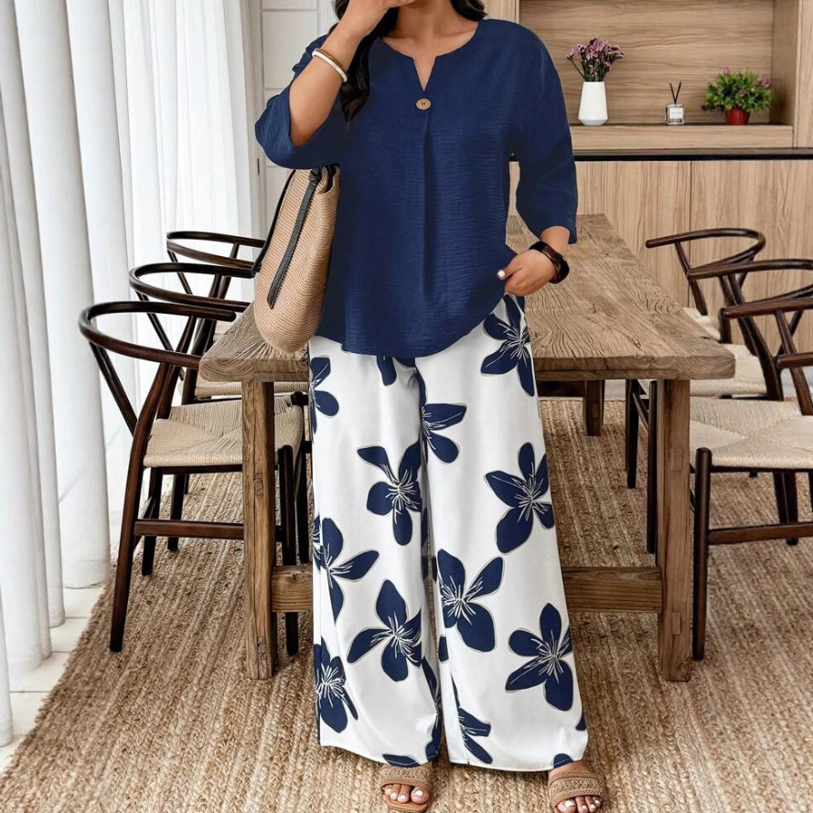 V-Neck  Sleeve Top & Floral Print Wide Leg Pants Two-Piece Set