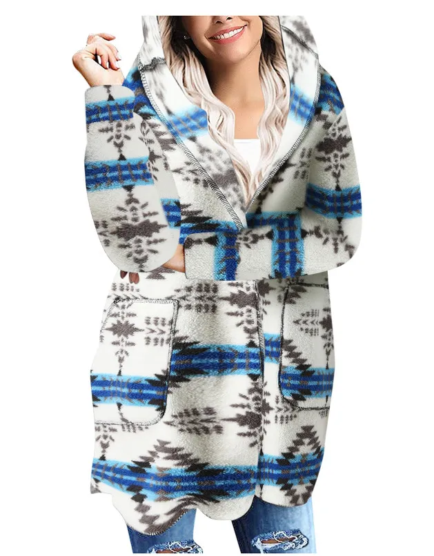 Women's Loose Black And White Plaid Hooded Long Sleeve Jacket Blue - Shop at LoveMi