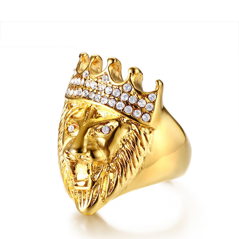 Golden Men's Stainless Steel Rhinestone Crown Lion Head Ring