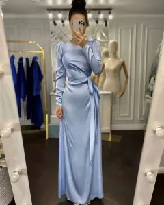 Beautiful Waist Fitting Irregular Dress - Sky Blue - View 1
