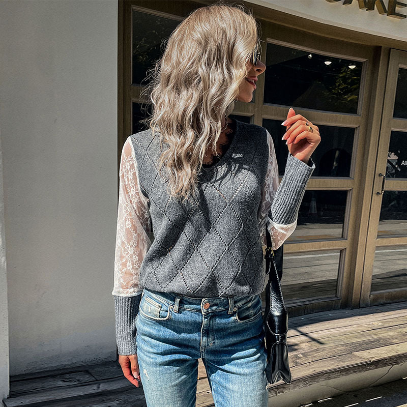 Women's Long Sleeve Lace Stitching Sweater