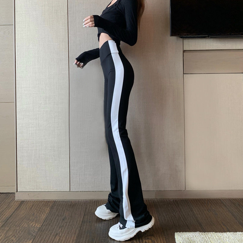 Spring Micro-lab High Waist Skinny Straight Stripes Collision Color Casual Pants Female