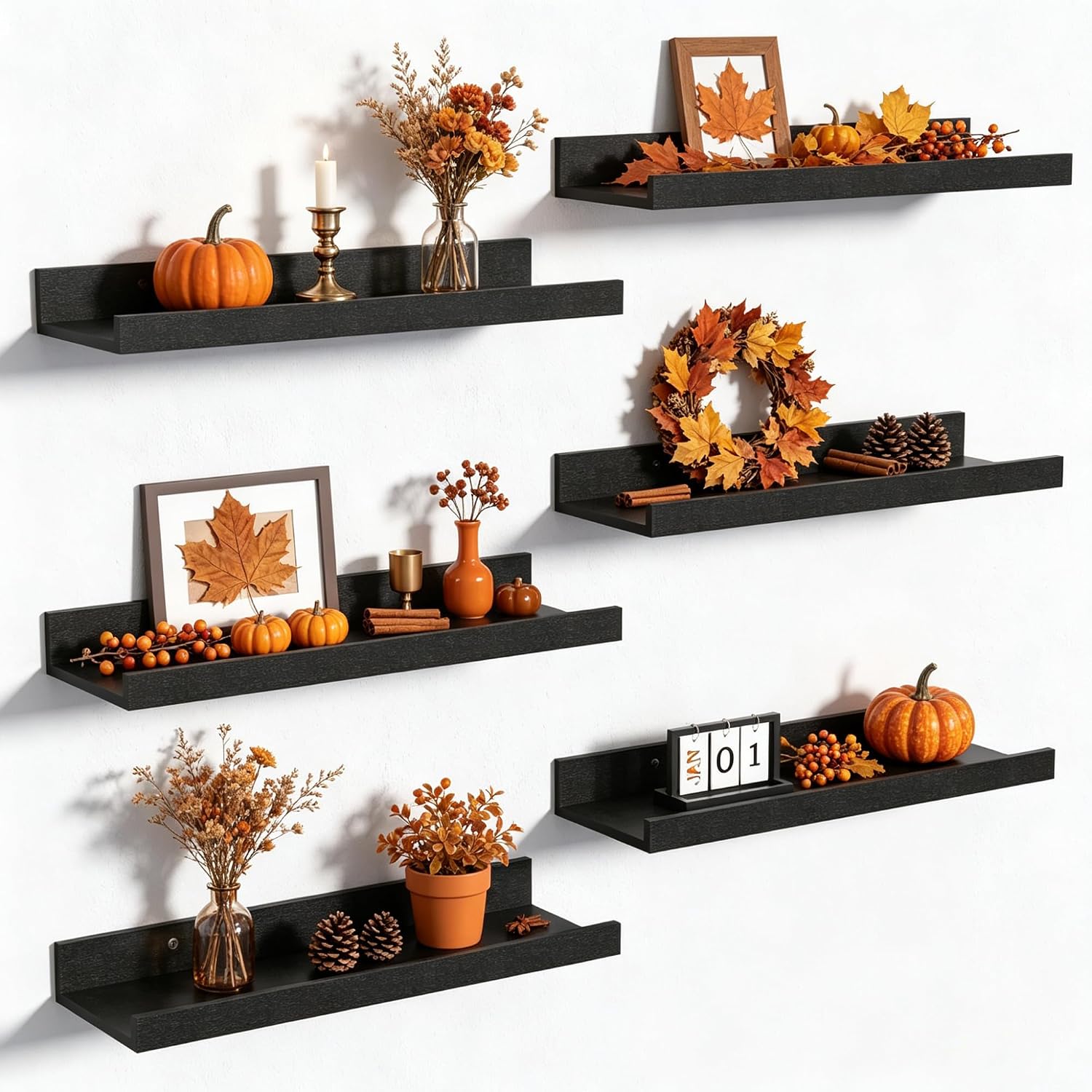 Black Floating Shelves For Wall 6 Units, 15.7 Inch Decorative Storage Shelves For Bedroom, Living Room, Office And Home
