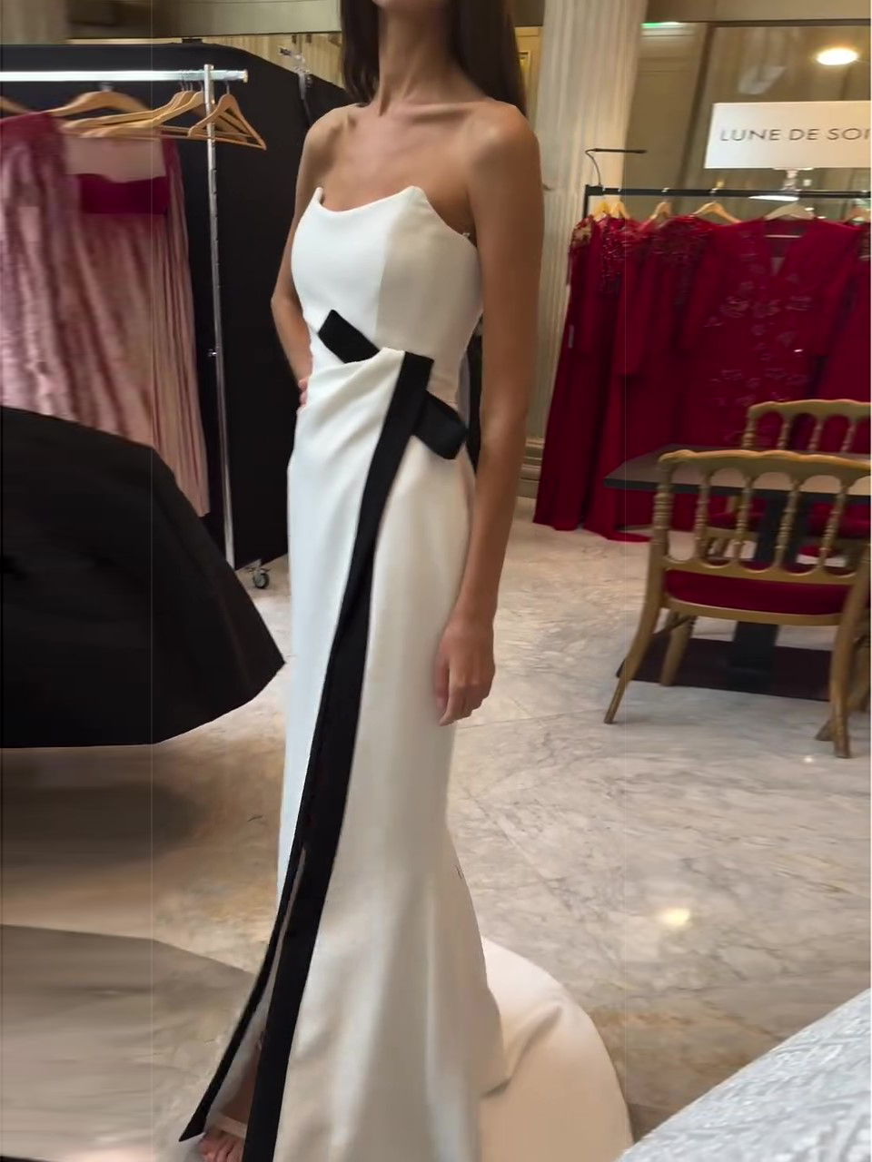 Strapless Black And White Contrasting Slit Dress - Image 2
