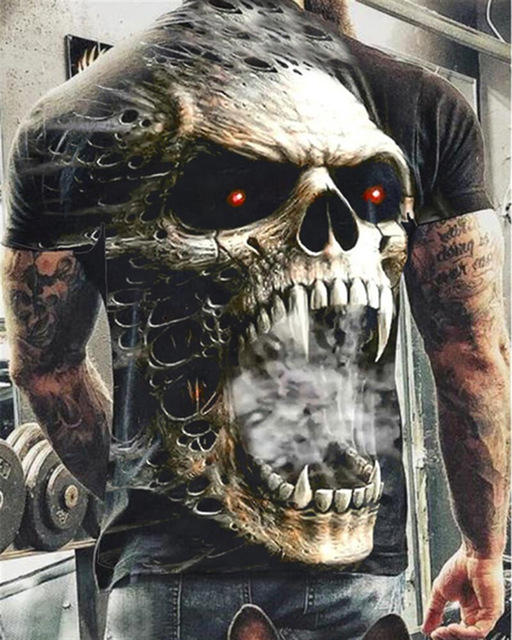 Title 6, Cool Skull 3D Dijital Baskı Kısa Kollu Erkek Ti...