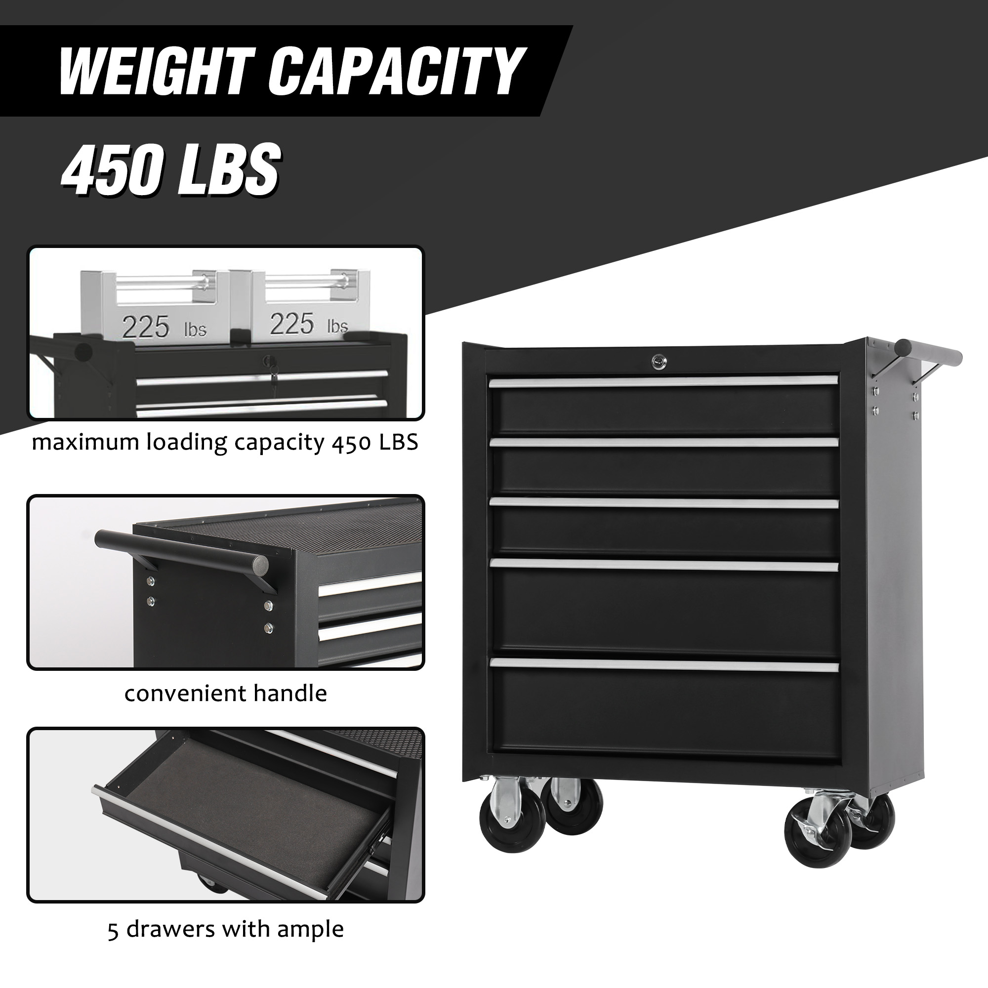 5-Drawer Rolling Tool Chest W Lock & Key, Tool Storage Cabinet With Wheels, Top Cushion & Drawer Liners, Tool Organizer Box For Garage, Warehouse & Repair Shop thumbnail 3