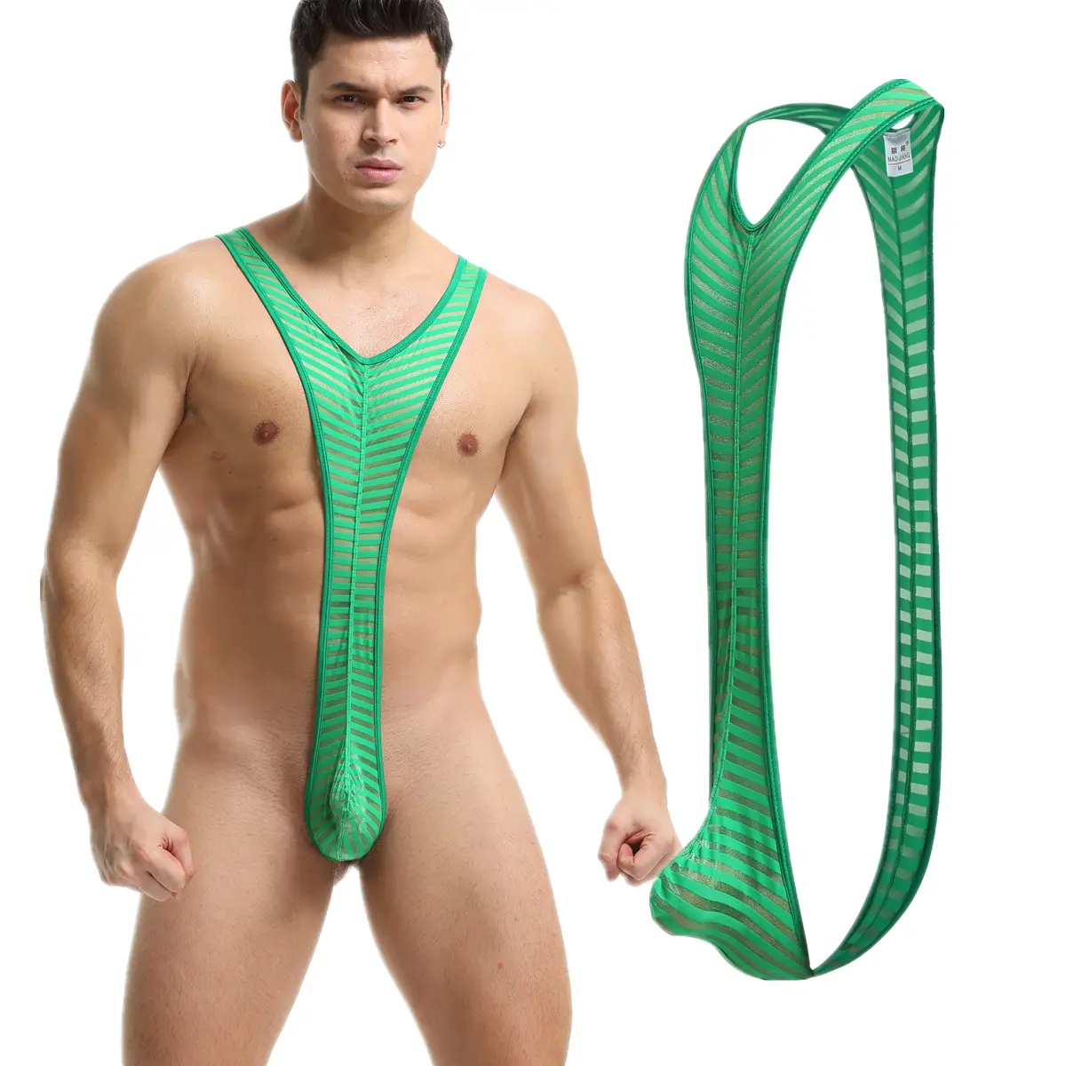 Men's Underwear Ice Silk Striped Jumpsuit Sexy Thong