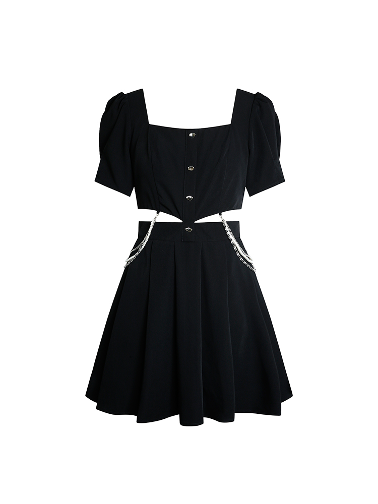 Thin Section Hollow Design On Both Sides X Square Neck Puff Sleeve Fried Street Dress