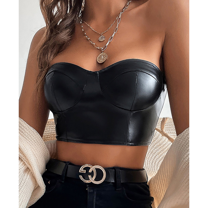 Solid Shiny Leather Chest Wrapped Short Navel Vest
