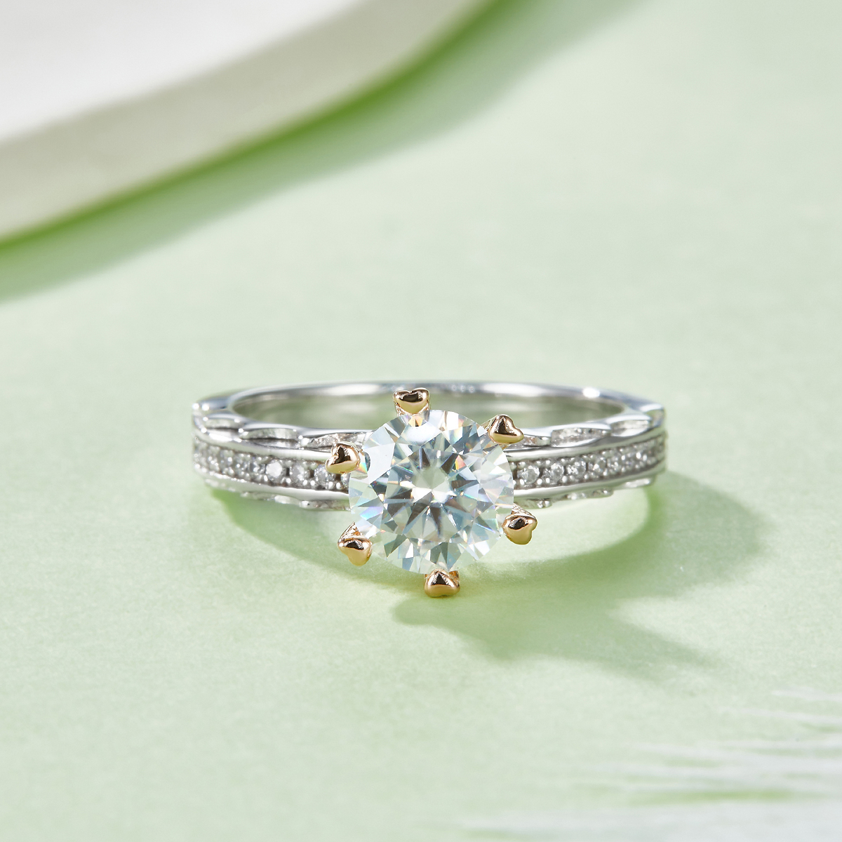 S925 Sterling Silver 1ct Moissanite Ring, 6.5mm Round Cut With Gold Heart Prongs, Pave Band, US Sizes 5-9, GRA Certificate Gift Box 2