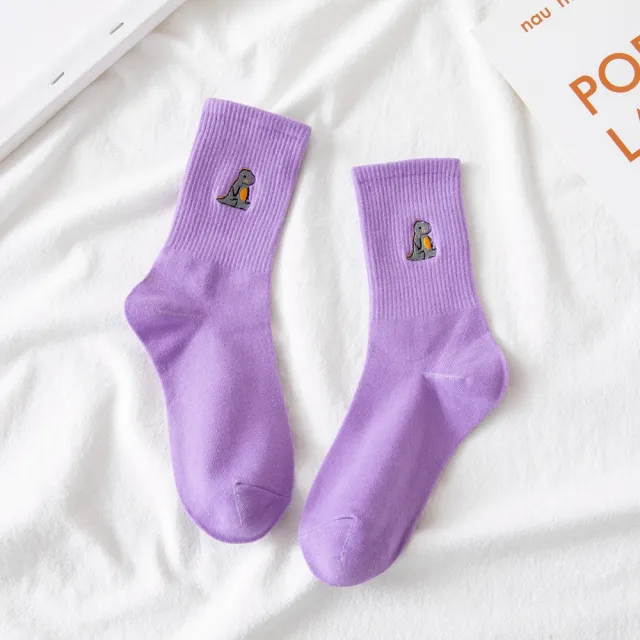 Women's Fashion Cartoon Embroidered Mid Tube Socks Purple - Shop at LoveMi