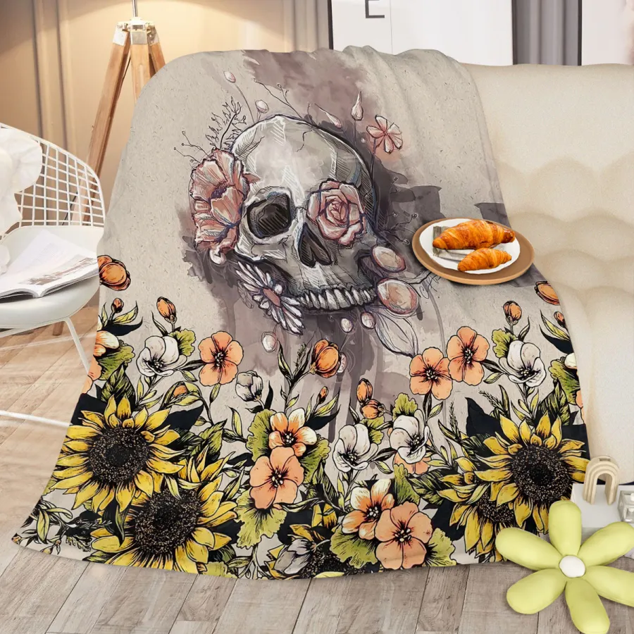 Rustic Skull Sunflower Flannel Fleece Blanket Floral Soft
