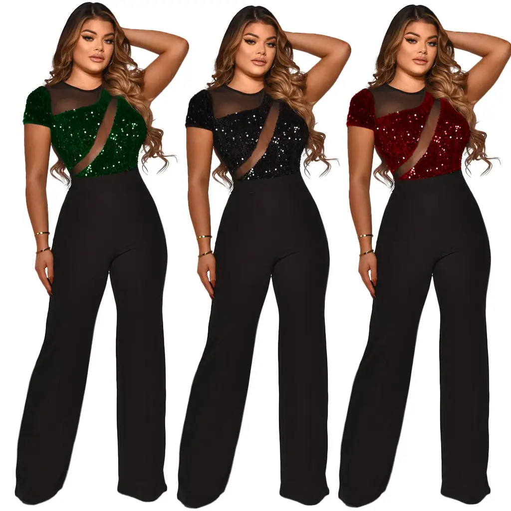 Spliced Gauze Irregular Sequined Short-sleeved Jumpsuit