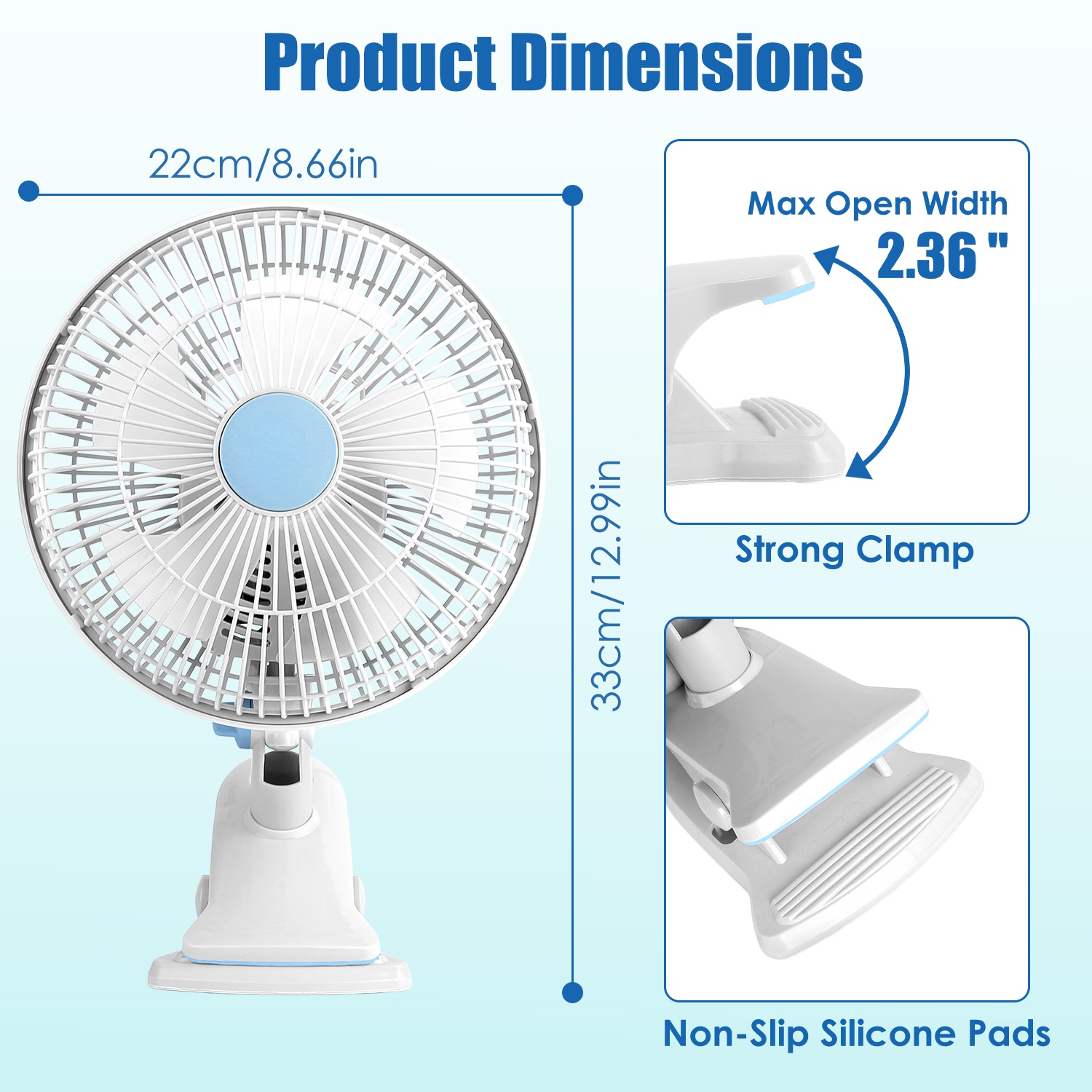 8.66In Oscillating Clip On Fan 2 Speeds Quiet Clamp Fan With 90 Degree Oscillating & Tilting Angle Desktop Wall Mount For Home Office Dorms Strollers