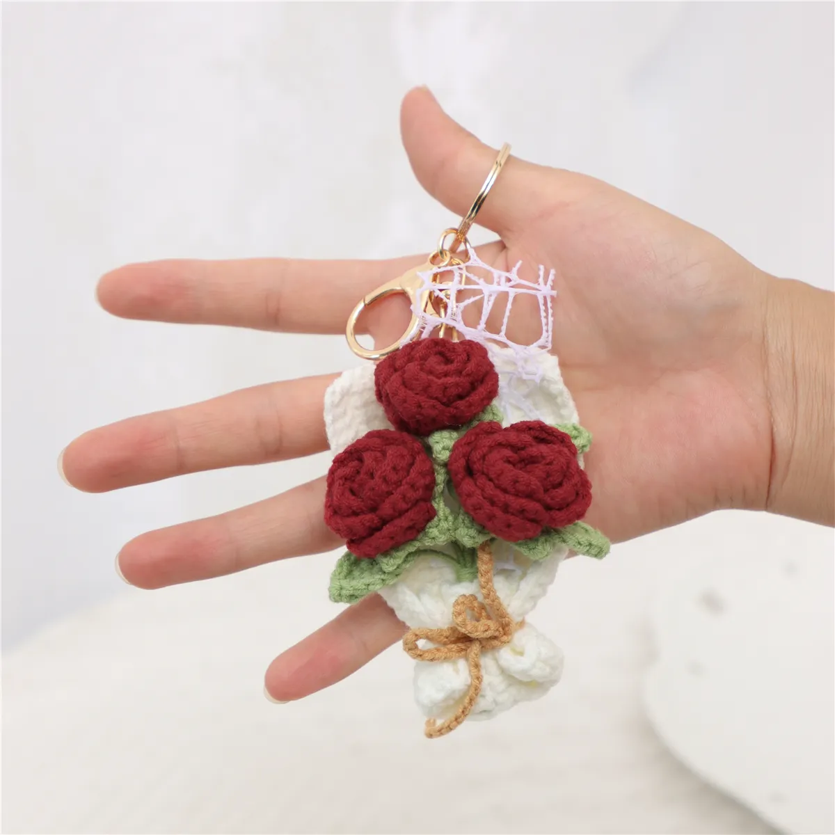 Handmade Crochet Flower Bouquet Rose Keychain Bag
