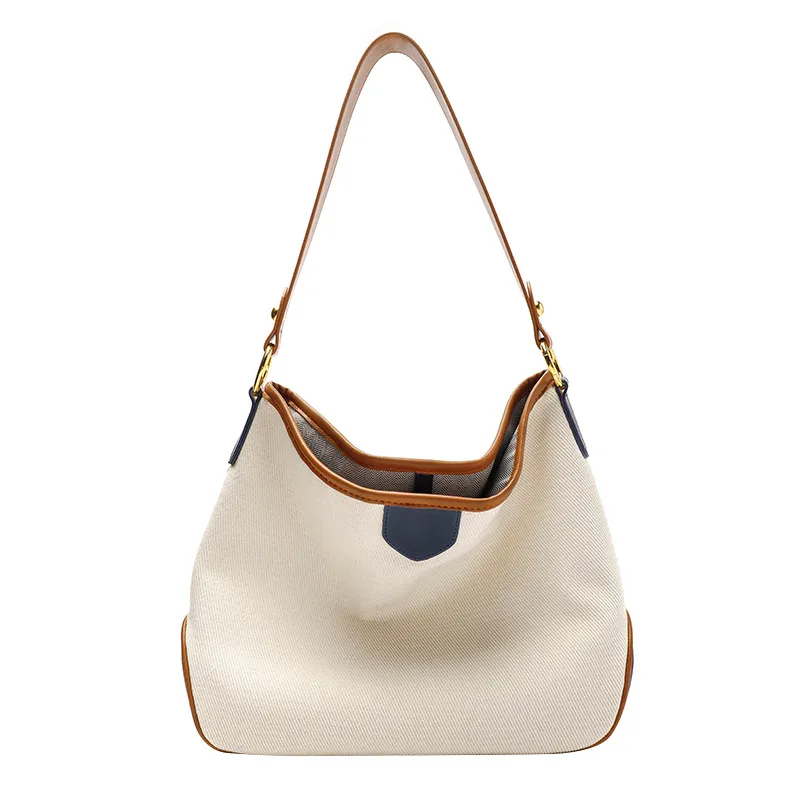 College Style Contrast Tote Canvas Bag - Beige