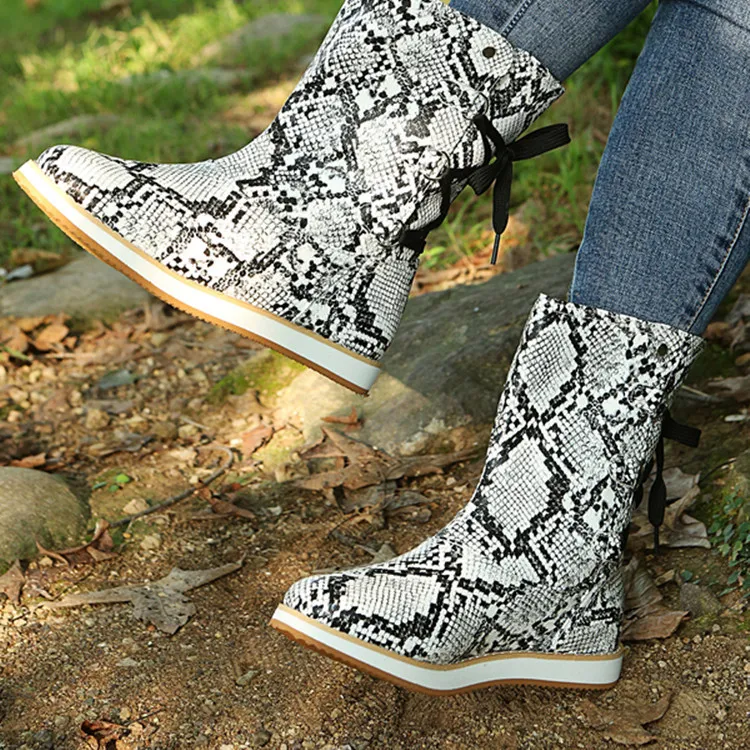 Low Heel Platform Boots Back Lace-up Shoes Women Cowgirl Boots - Snake-Size39
