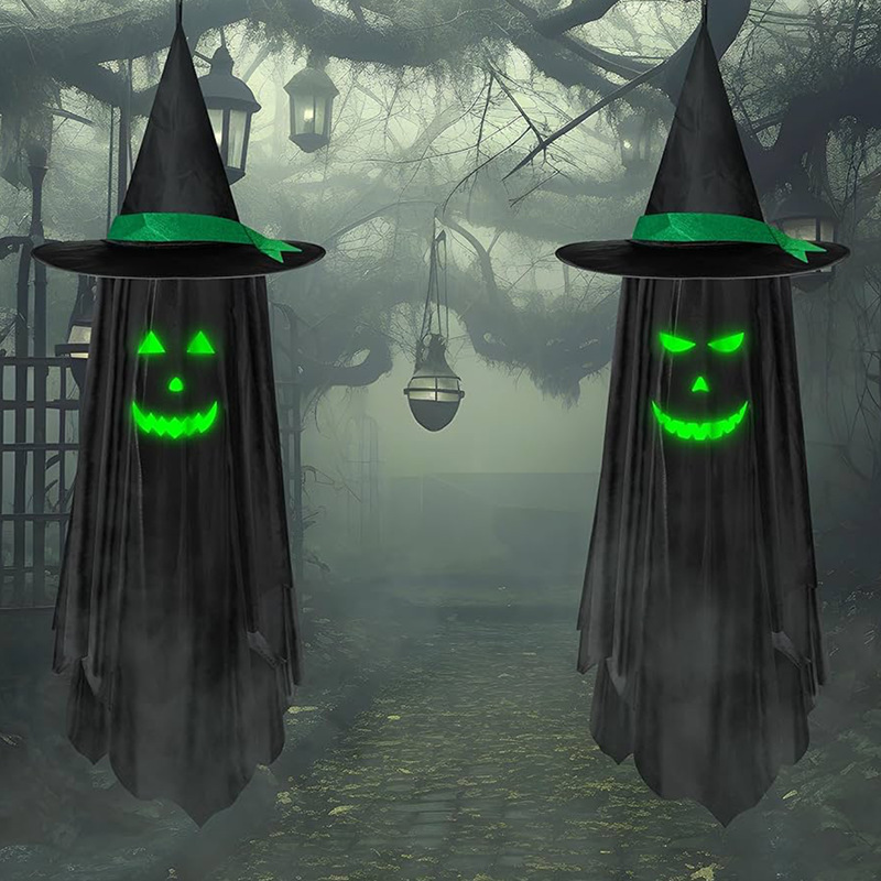 Halloween Glow-in-the-Dark Wizard Hat Ghost Pendant Outdoor Yard Decoration Scene Atmosphere Door Hanging