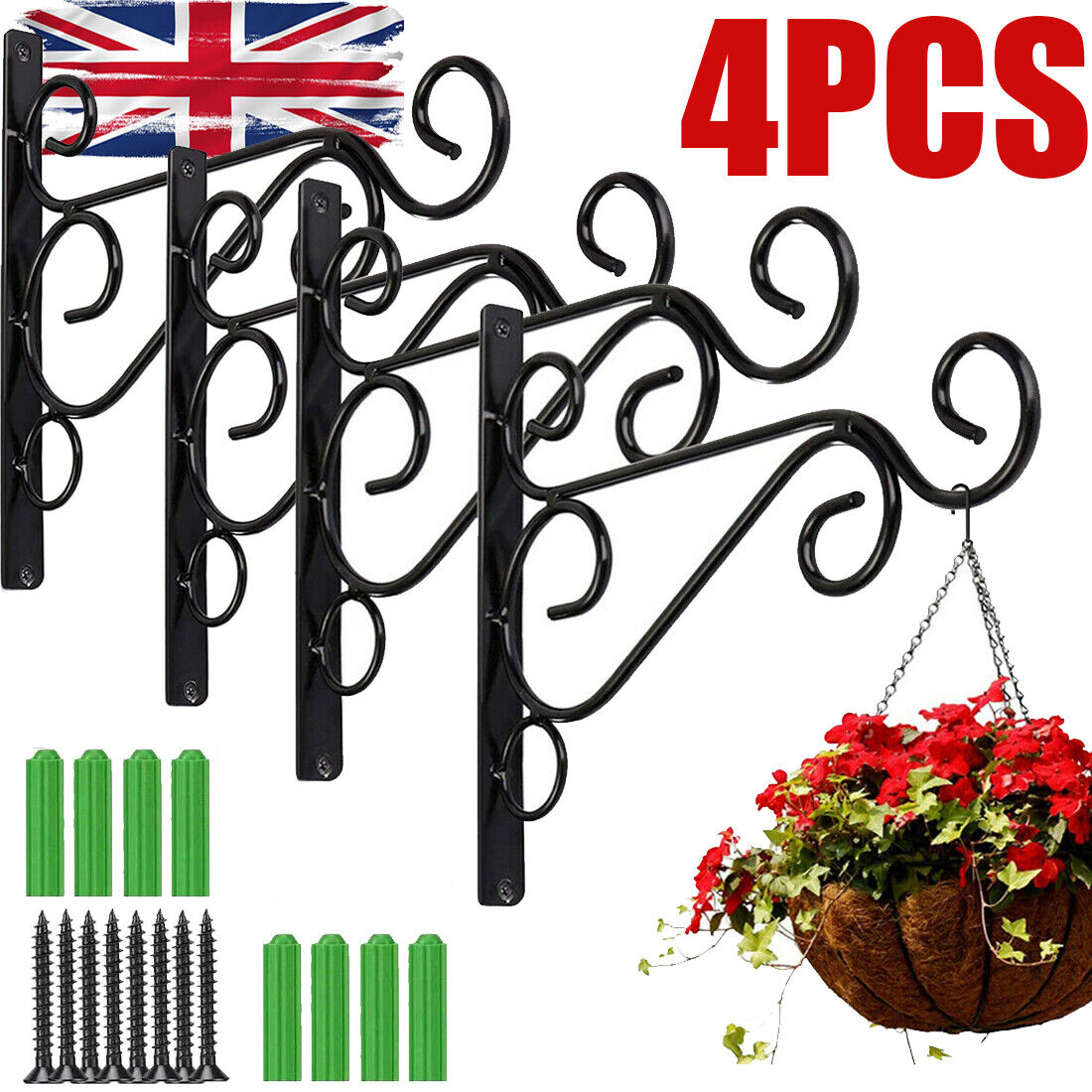 4PC Heavy Duty Metal Hanging Basket Brackets Garden Plant Hanger Hook Wall — image 11