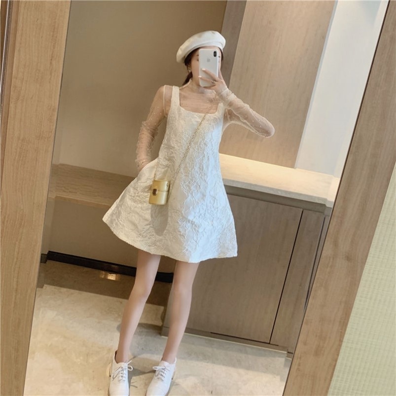Little Fragrant Style Dress Female Spring Lace Suspender Skirt Western Style Slimming Short Skirt Net Yarn Bottoming Shirt Suit