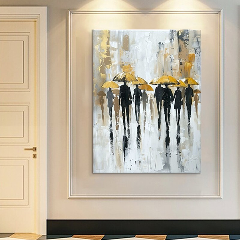 Hand-Painted Oil Paintings On Canvas Abstract Rain Street Pedestrian Painting Wall Picture For Living Room Home Decor Art No Framed