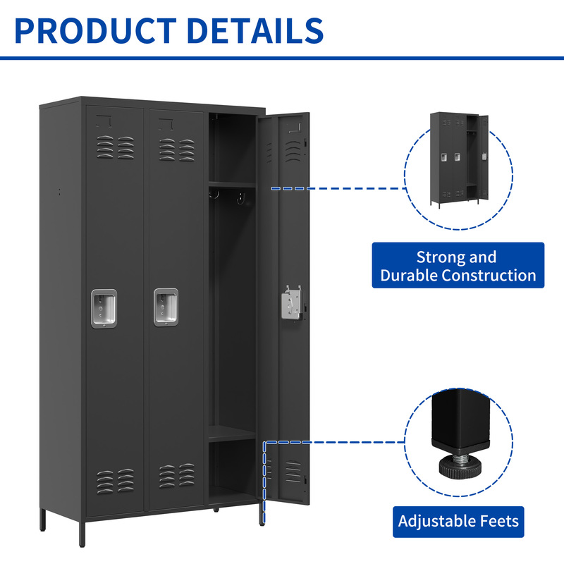 3-Door 72in Steel Locker W Locks For Employees, Storage Cabinet For Home Gym Office School Garage, Gray,Black 2
