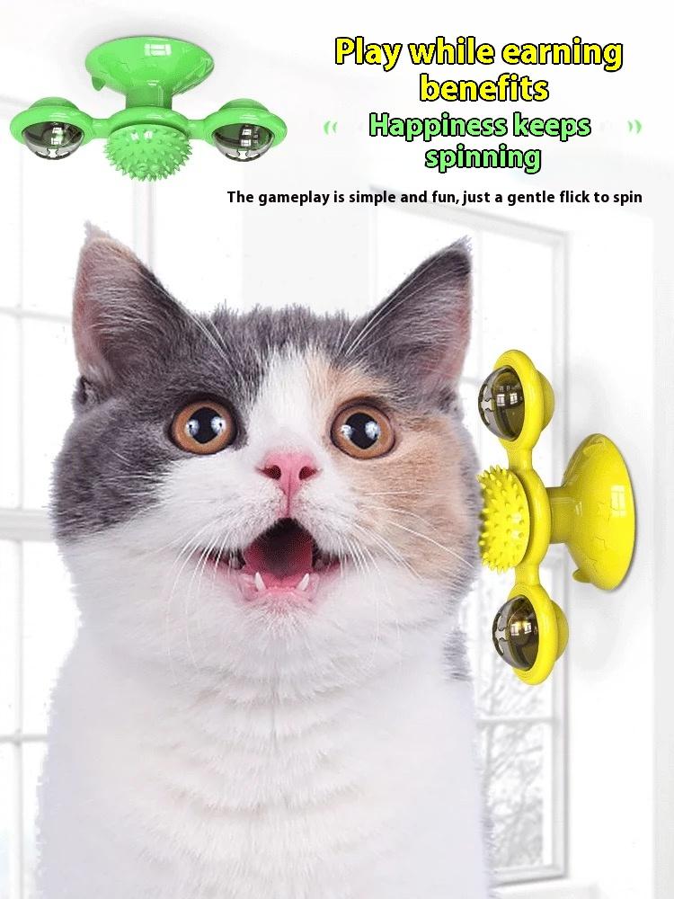 Interactive Windmill Cat Toy With LED Light Ball, Suction Cup, And Catnip Indoor Cat Exercise And Entertainment Set.
