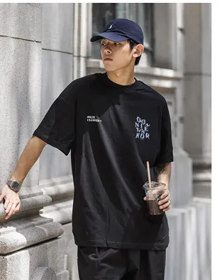 English Double Shadow Print Short sleeved T shirt All match Round Neck Half Sleeve Black - Shop at LoveMi
