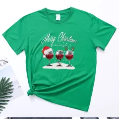 Christmas Three Wine Glasses Print Short Sleeve - Green - View 1