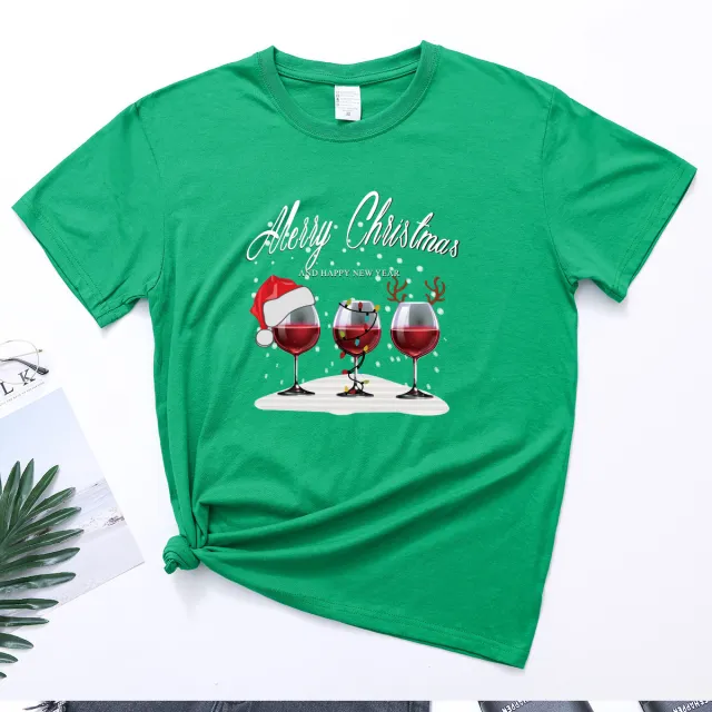 Christmas Three Wine Glasses Print Short Sleeve Green - Shop at LoveMi