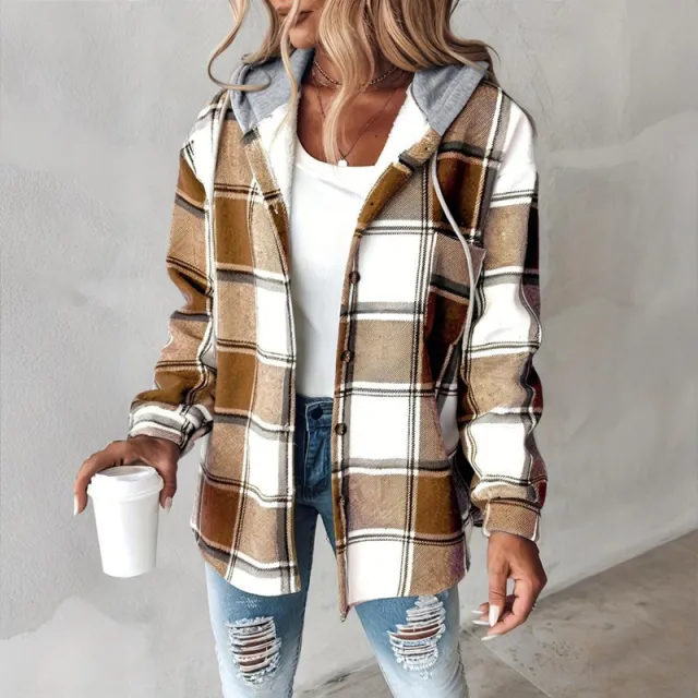 Women's Plaid Drawstring Hoodie Long Sleeve Shirt Button Front Casual Tops Spring&Fall Fashion Minimalist Style Khaki - Shop at LoveMi