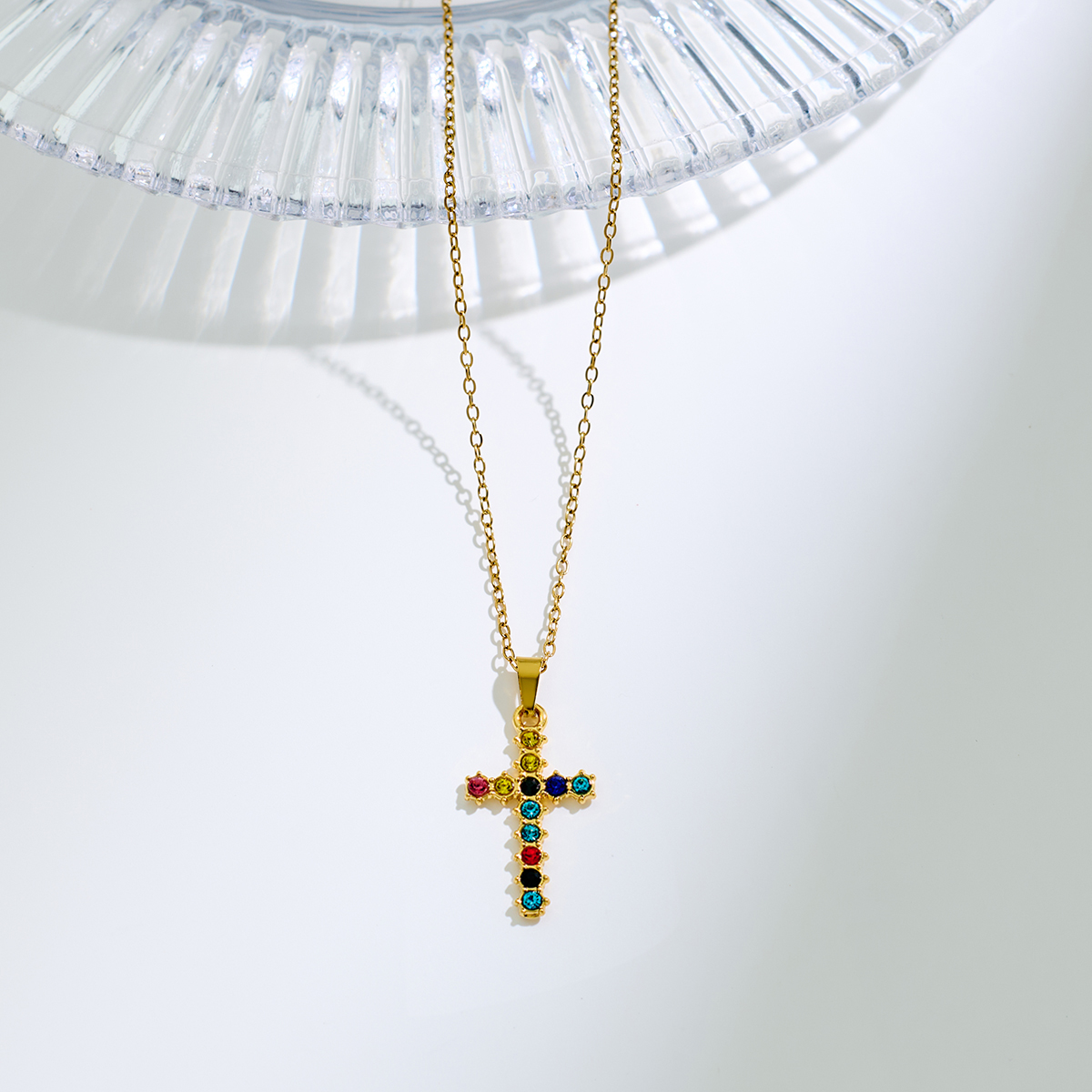 Stainless Steel Inlaid Zircon Cross Pendant Necklace