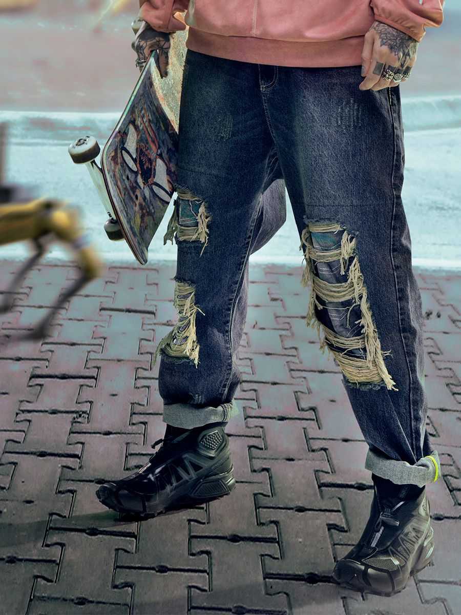 Punk Functional Style Loose Fitting Street Torn Pants