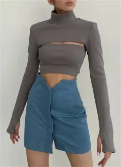 Hollow High-neck Ribbed Sweater Long-sleeved Tight-fitting Crop Top - Grey - View 1