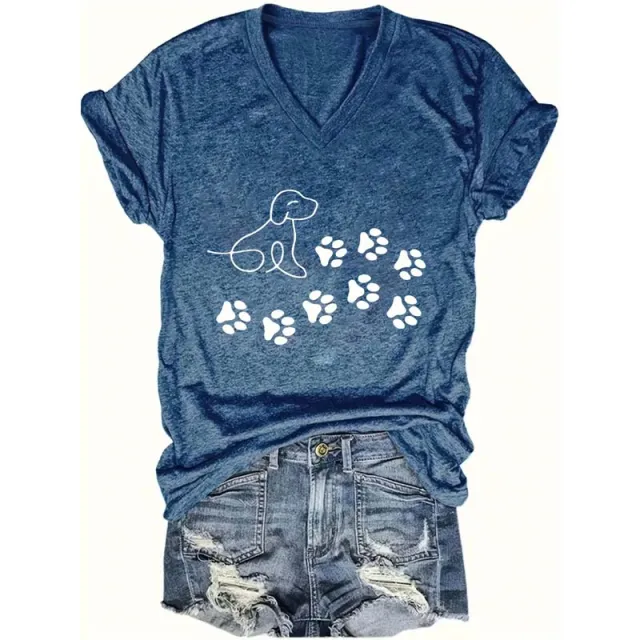 Women's V Neck Short Sleeve T Shirt Cute Puppy & Paw Prints Graphic Summer Casual Cotton Tee Blue - Shop at LoveMi