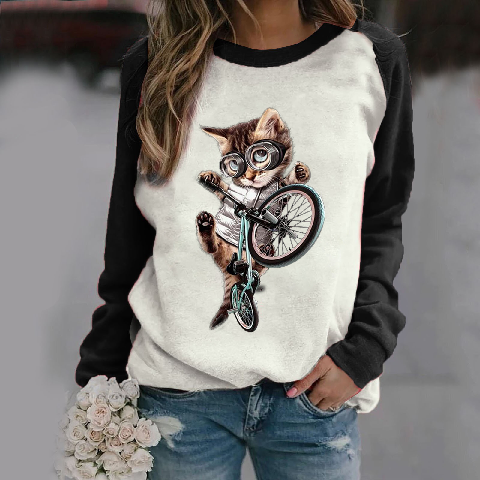 Christmas Raglan Pullover Casual Print Plus Velvet Sweatshirt