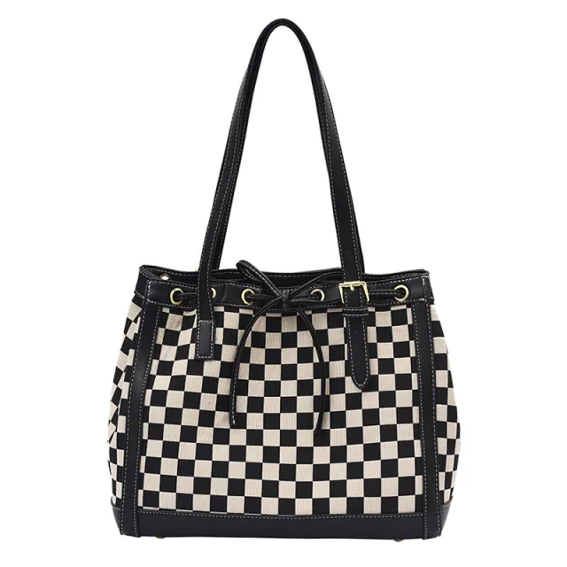 Contrast Color Tote Bag With Checkerboard Black - Shop at LoveMi