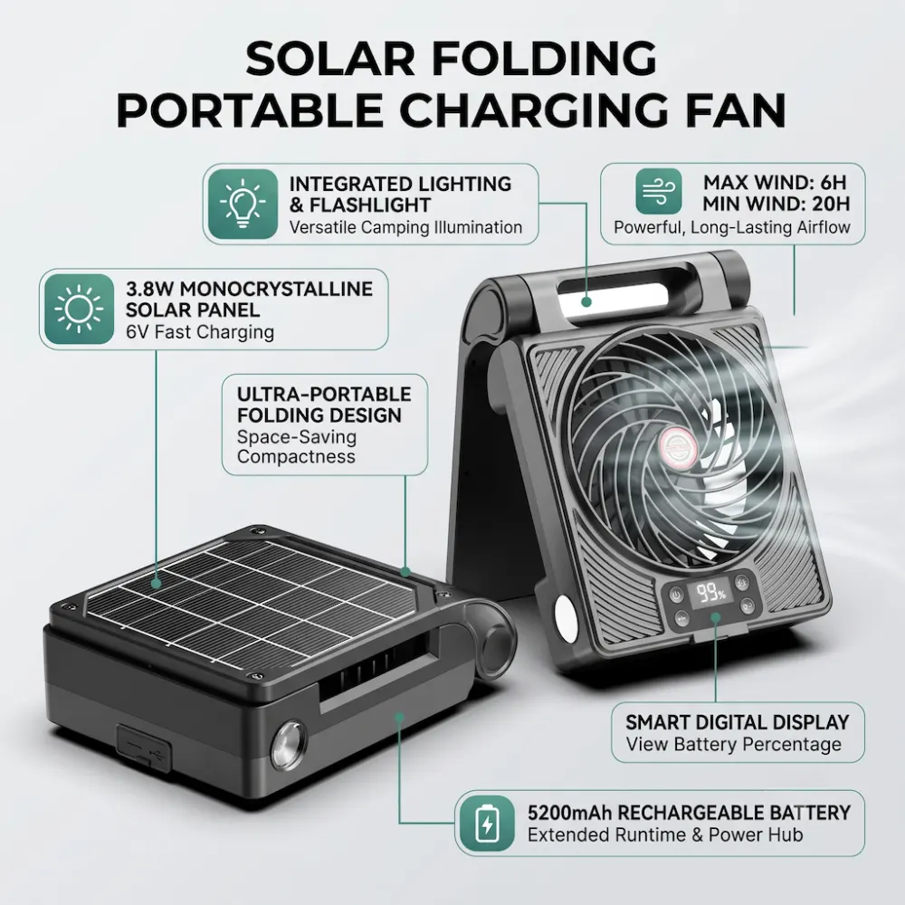 New Solar-Powered Foldable Portable Rechargeable Fan