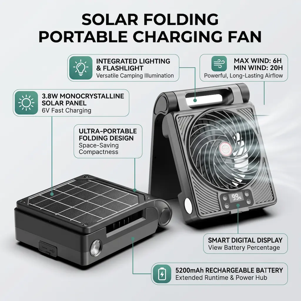 New Solar-Powered Foldable Portable Rechargeable Fan