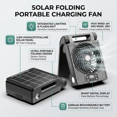 New Solar-Powered Foldable Portable Rechargeable Fan