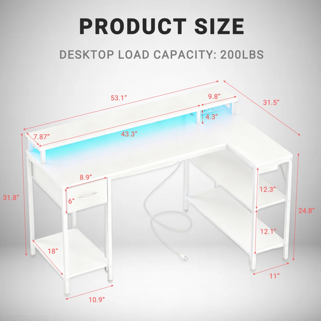 53-inch Gaming Table With USB Charging Port And LED Light, Reversible L-shaped Table With Power Socket And Monitor Stand image 15