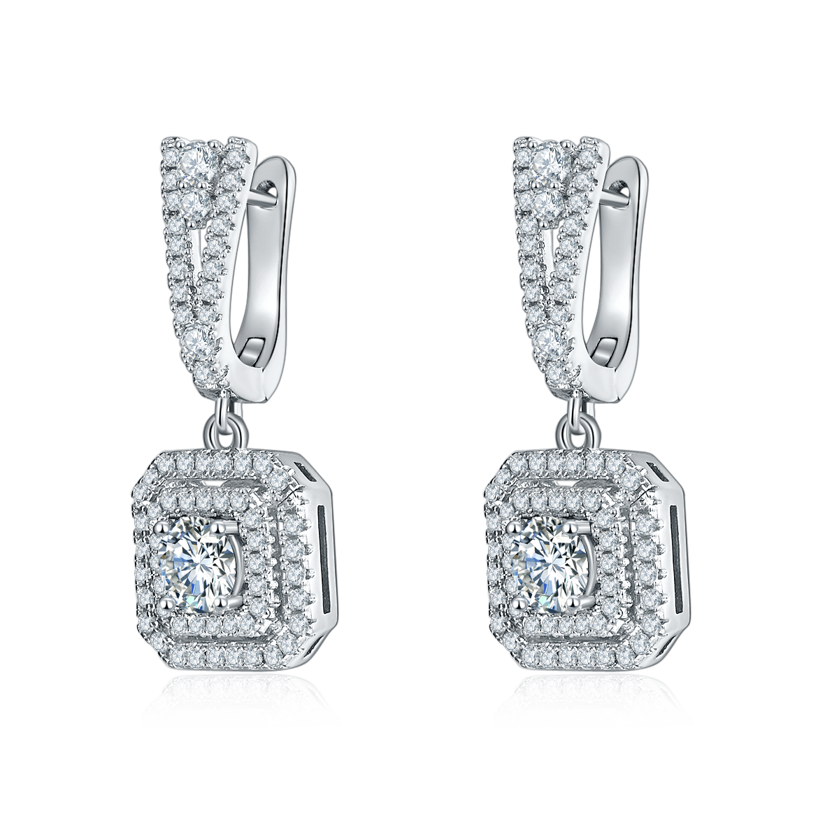 S925 Sterling Silver Double Halo Drop Earrings, 6.5mm D-VVS1 Moissanite, Platinum Plated 6.8g Women's Jewelry Gift Box