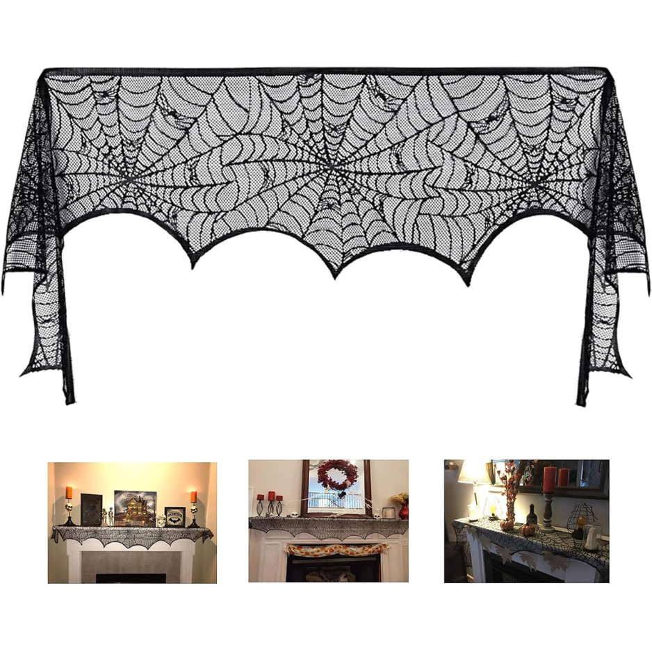 Halloween Black Lace Spiderweb Fireplace Mantel Scarf, Gothic Decor 3