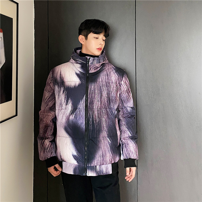 Fried Street Purple Fur Animal Print Fur Three-dimensional Print Hooded Cotton Jacket Men