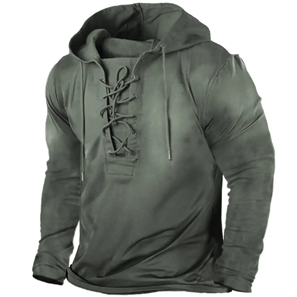 Plus Size Men's Outdoor Retro Lace-up Hooded Long-sleeved T-shirt Top