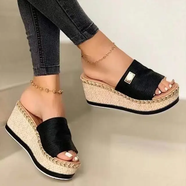 New Casual Muffin Wedge Sandals And Slippers Black - Shop at LoveMi